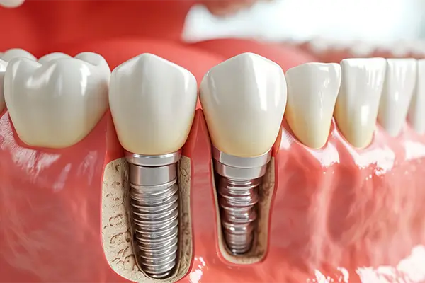 Multiple dental implants placed in the jaw to support bridge restoration Multiple dental implants placed in the jaw to support bridge restoration