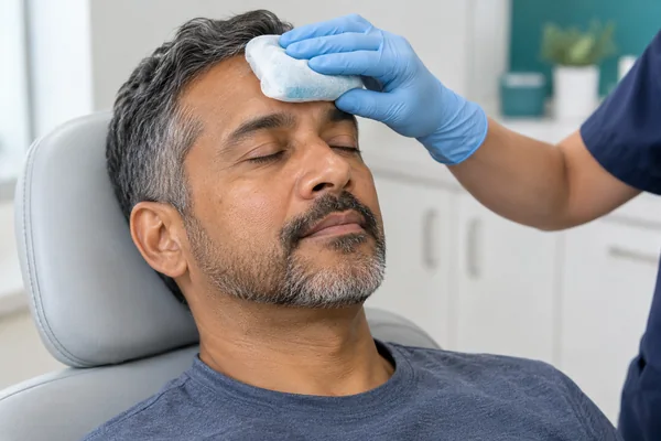 A gloved hand holds a gauze-wrapped cold compress to a relaxed man's forehead as he sits back in a treatment chair with his eyes closed.