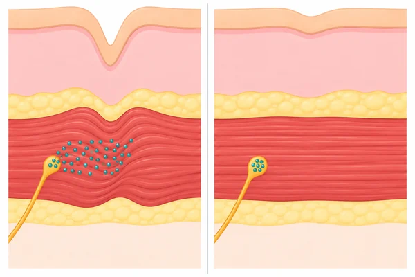 Two-panel illustration: on the left, a nerve ending releases teal signal dots into a contracted muscle beneath a deep skin crease; on the right, the dots stay in the nerve ending, the muscle is relaxed and the crease is faint.