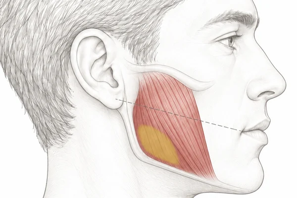 Side-view illustration of a man's face showing the masseter chewing muscle in red at the side of the jaw, with a gold zone in its lower back portion below a dashed line from the earlobe to the corner of the mouth.