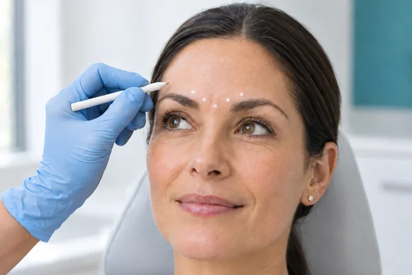 A provider in a blue glove holds a white marking pencil after mapping five small white dots between a woman's eyebrows for frown line treatment. A provider in a blue glove holds a white marking pencil after mapping five small white dots between a woman's eyebrows for frown line treatment.