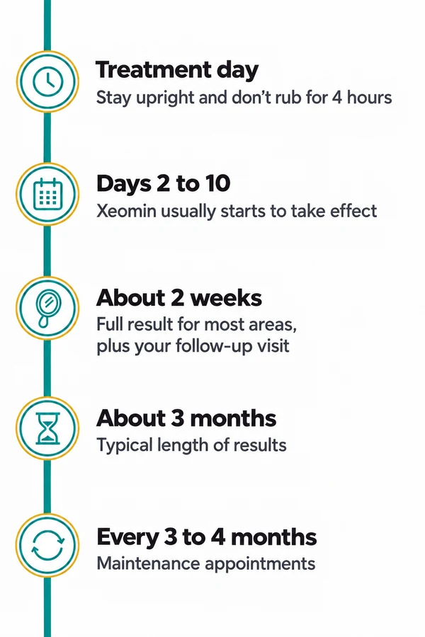 Xeomin timeline: treatment day, stay upright and don't rub for 4 hours; days 2 to 10, Xeomin usually starts to take effect; about 2 weeks, full result for most areas plus your follow-up visit; about 3 months, typical length of results; every 3 to 4 months, maintenance appointments.