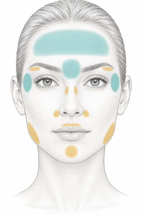 Face diagram with teal zones on the frown, forehead and crow's feet areas and gold zones under the outer brows, on the sides of the nose, beside the nostrils, above the upper lip, on the chin and at the jaw angles.
